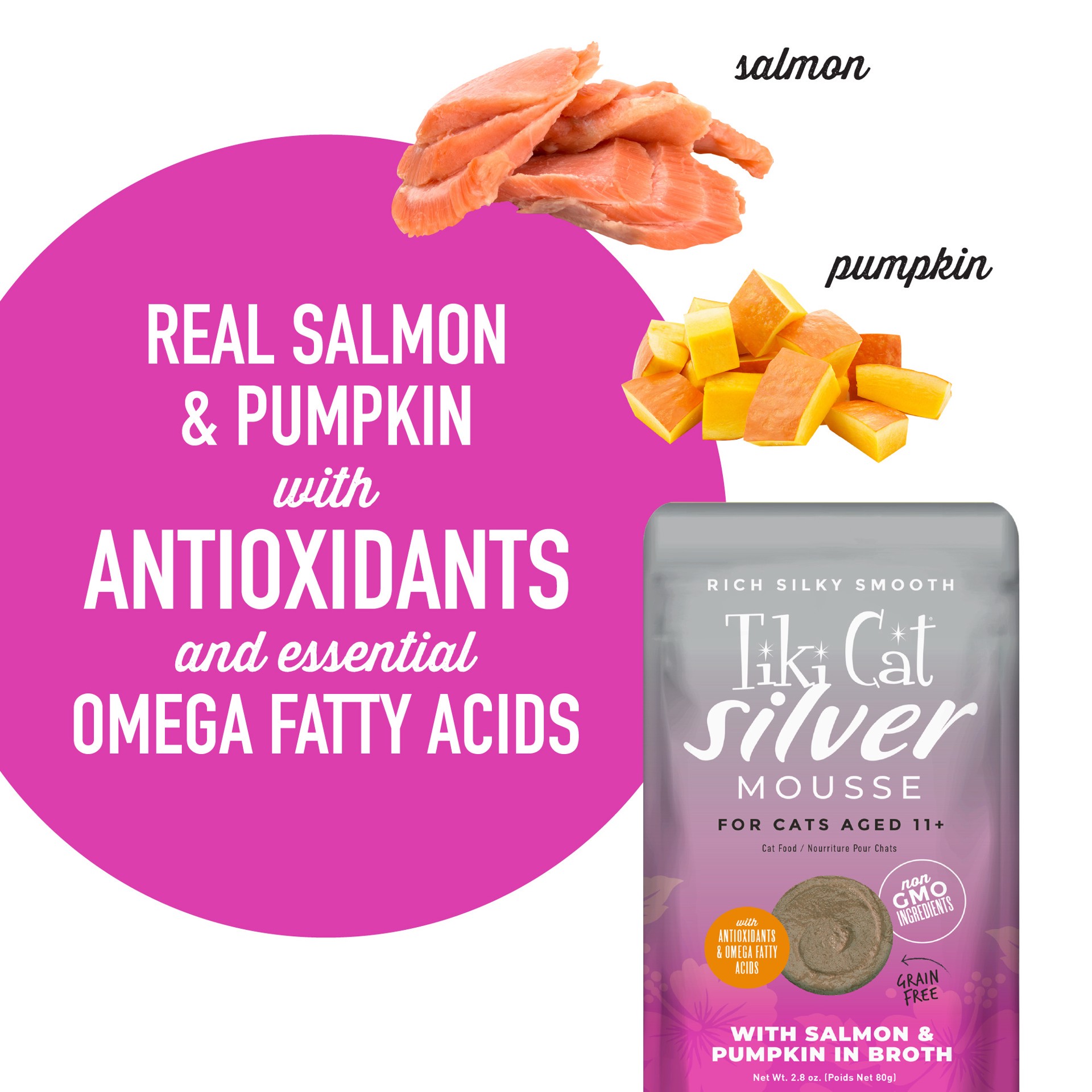 slide 7 of 9, Tiki Cat Silver Mousse Wet Cat Food for Senior Cats, Salmon & Pumpkin, 2.8 oz. Pouch, 2.8 oz