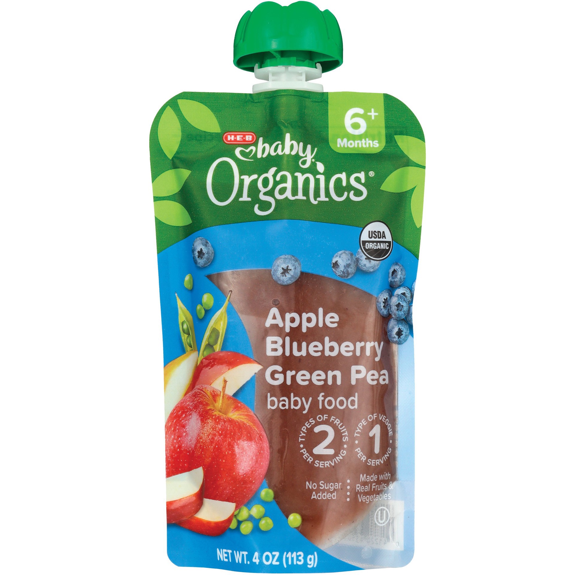 slide 1 of 1, H-E-B Baby Organics Food Pouch – Apple Blueberry Green Pea, 4 oz
