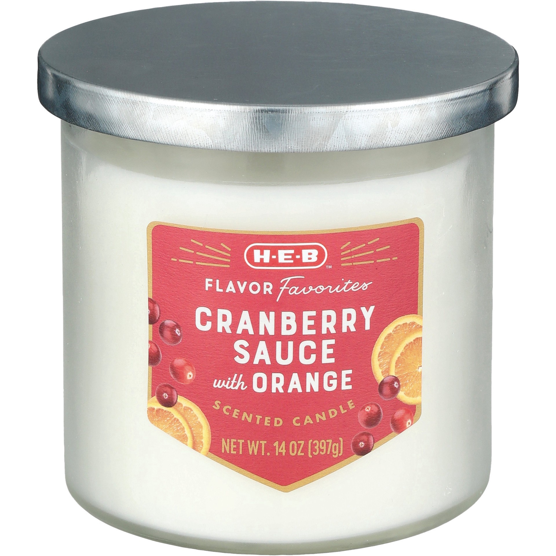 slide 1 of 1, H-E-B Flavor Favorites Cranberry Sauce with Orange Scented Candle, 14 oz