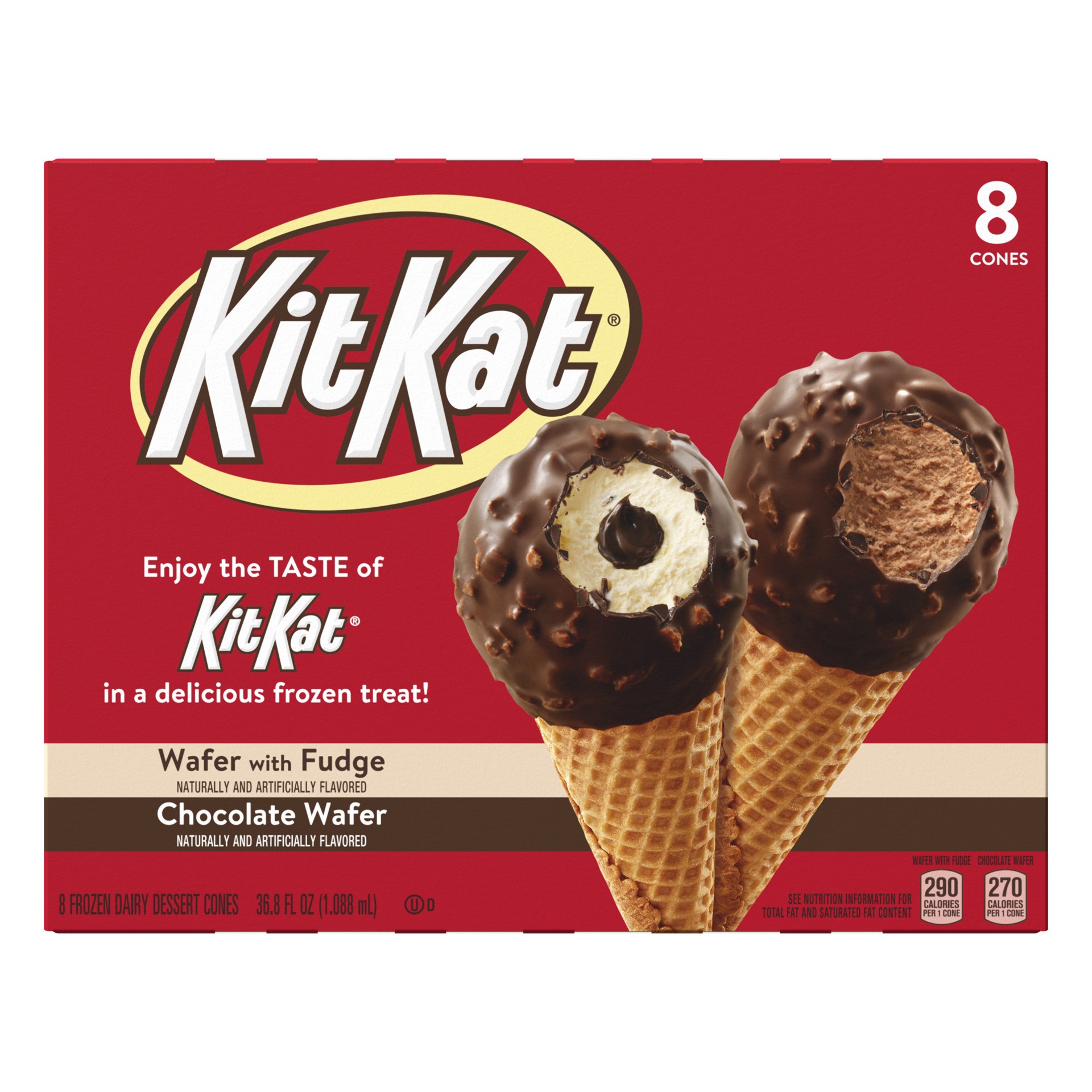 slide 1 of 9, KIT KAT Wafer with Fudge/Chocolate Wafer Frozen Dairy Dessert Cones 8 ea, 36.8 fl oz