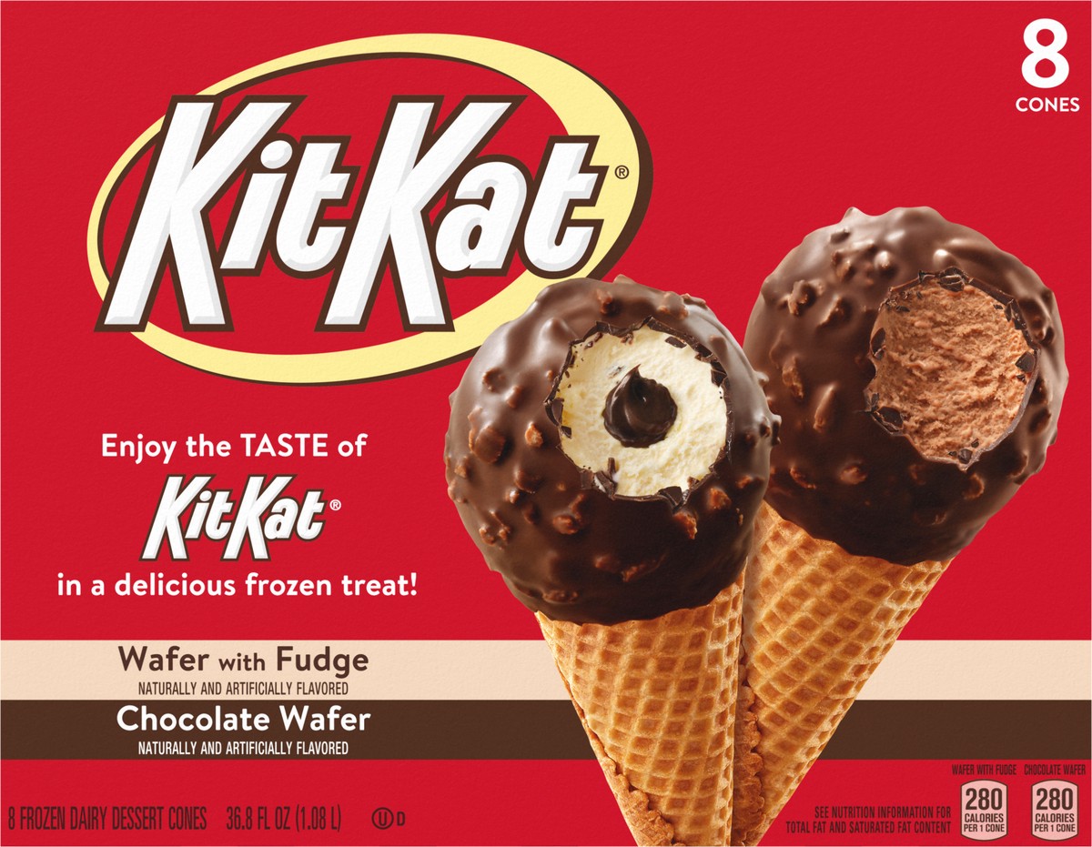 slide 3 of 9, KIT KAT Wafer with Fudge/Chocolate Wafer Frozen Dairy Dessert Cones 8 ea, 36.8 fl oz
