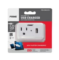 Prime High-Speed 2.4A Usb Charger With 1 Ac Outlet - White