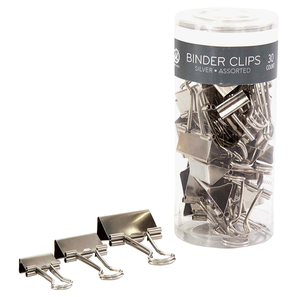 slide 1 of 1, U Brands Binder Clips, Assorted Sizes, Silver Steel, 30 ct