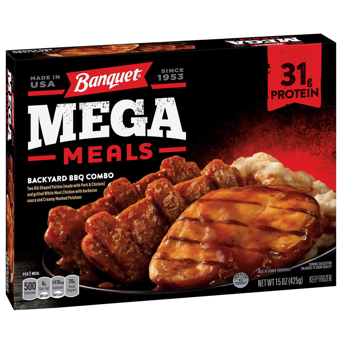 slide 3 of 11, Banquet Mega Meals Backyard BBQ Combo Frozen Dinner, 15 Ounce, 15 oz