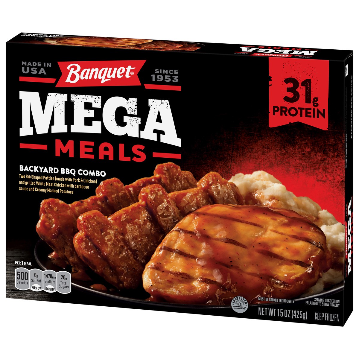 slide 2 of 11, Banquet Mega Meals Backyard BBQ Combo Frozen Dinner, 15 Ounce, 15 oz