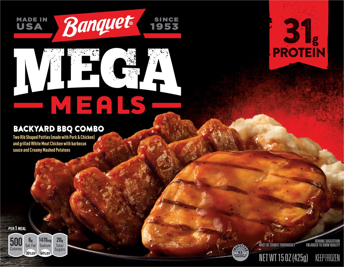 slide 4 of 11, Banquet Mega Meals Backyard BBQ Combo Frozen Dinner, 15 Ounce, 15 oz