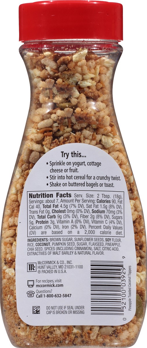 slide 2 of 14, McCormick Good Morning Breakfast Toppers Pineapple Toasted Coconut with Chia & Flax 4.75 oz Bottle, 4.75 oz