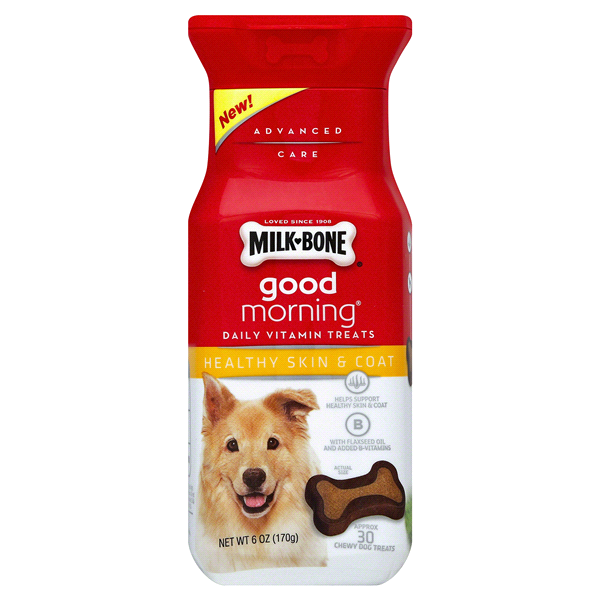 slide 1 of 6, Milk-Bone Good Morning Daily Vitamin Dog Treats, Healthy Skin and Coat Bottle, 6 oz