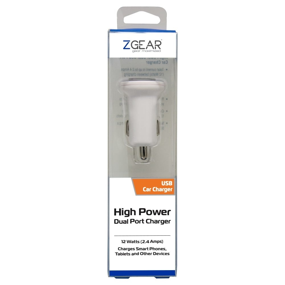 slide 1 of 1, Zgear High Power Dual Port 12 Watts Usb Car Charger - White, 1 ct