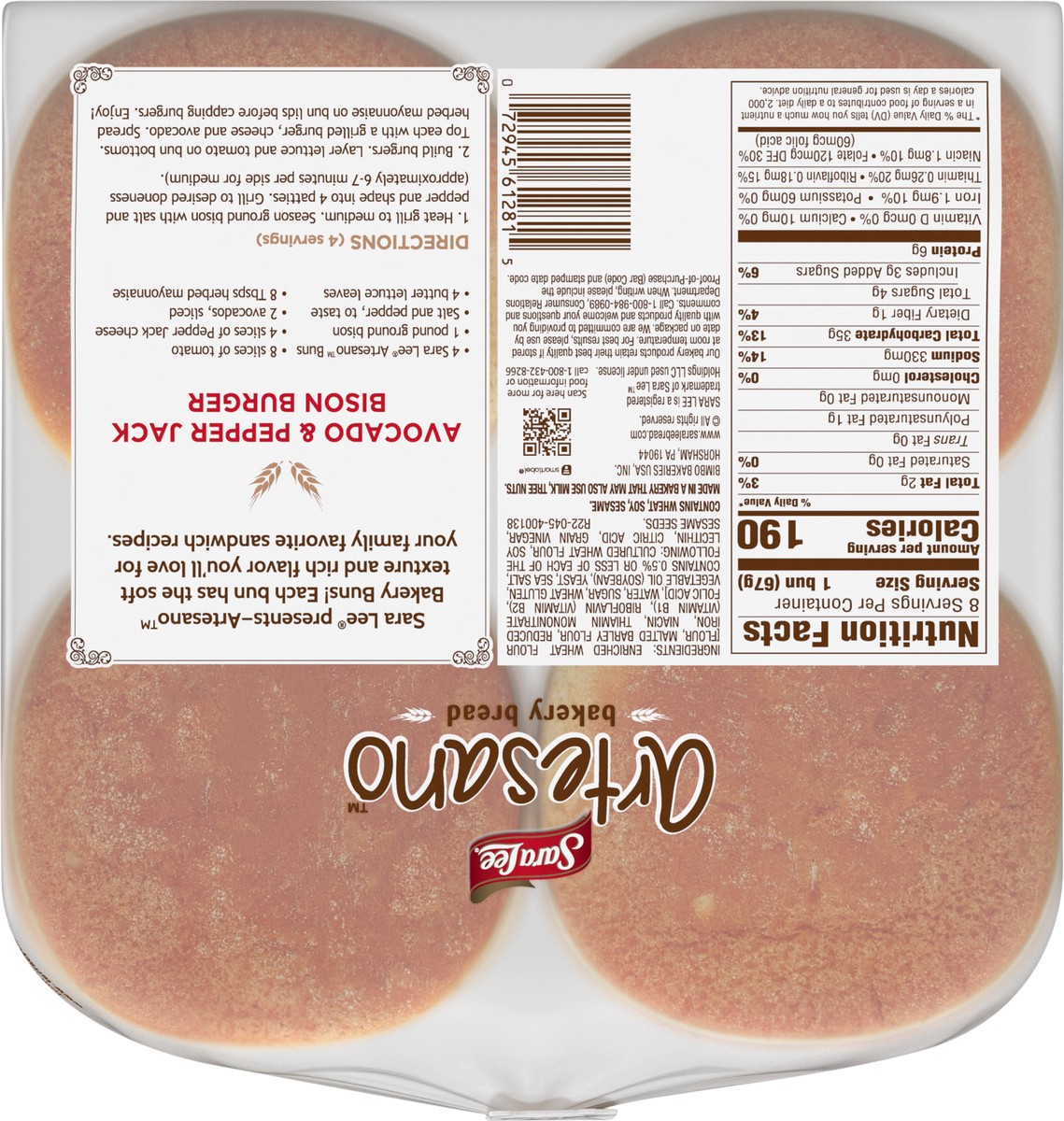 slide 7 of 9, Sara Lee Artesano White Bakery Buns, 8 count, Hamburger Buns, 19 oz Bag, 8 ct