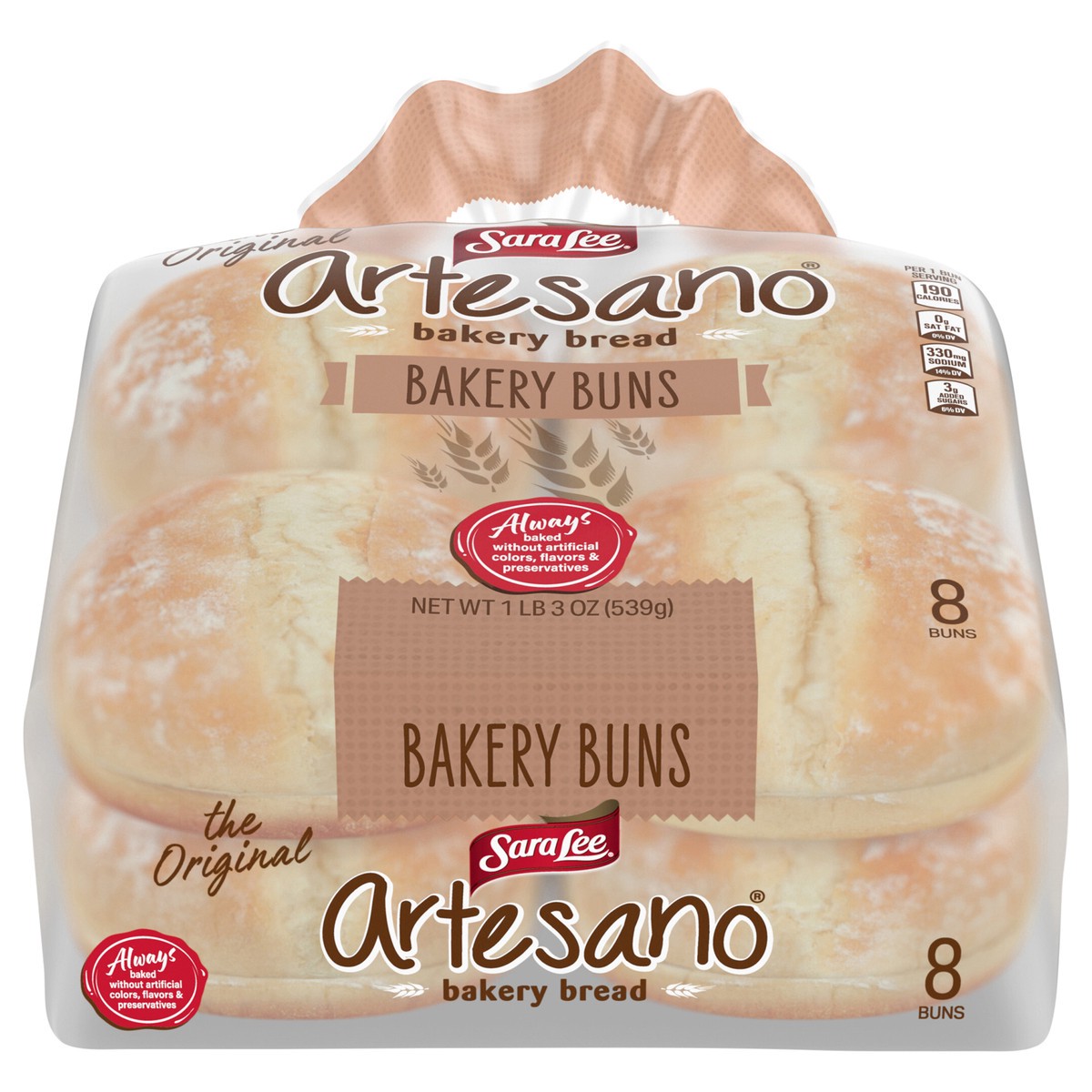 slide 1 of 9, Sara Lee Artesano White Bakery Buns, 8 count, 19 oz, 539 oz
