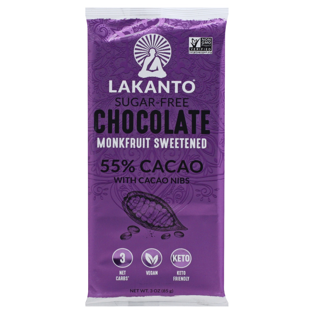 slide 1 of 1, Lakanto Monkfruit Sweetened 55% Cacao Chocolate Bar With Cocoa Nibs, 3 oz