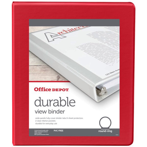 slide 5 of 5, Office Depot Brand 3-Ring Durable View Binder, 1/2"" Round Rings, 49% Recycled, Red, 1 ct