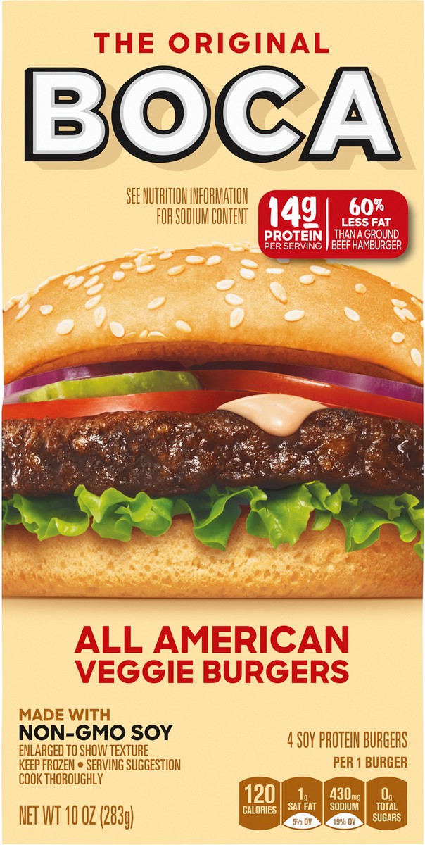 slide 2 of 9, BOCA All American Veggie Burgers with Non-GMO Soy, 4 ct Box, 4 ct