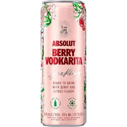 Absolut Vodka Ready to Drink Berry Vodkarita Cocktails, 4 Pack, 12 oz Cans, 20 Proof