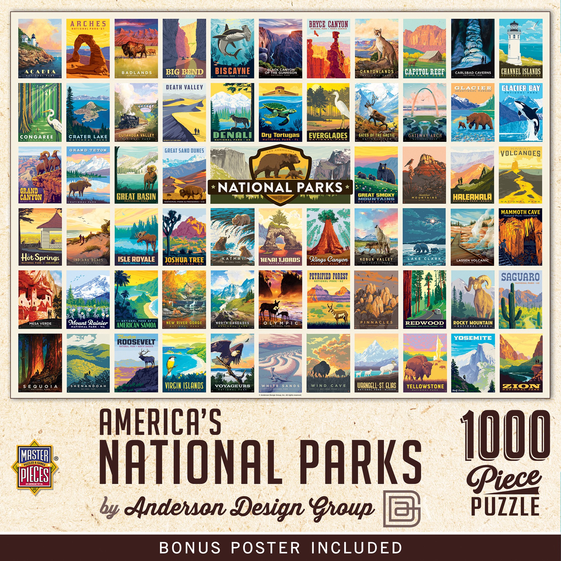slide 1 of 6, Masterpieces National Parks Vintage Collage Poster Art 1000 Piece Puzzle, 1 ct