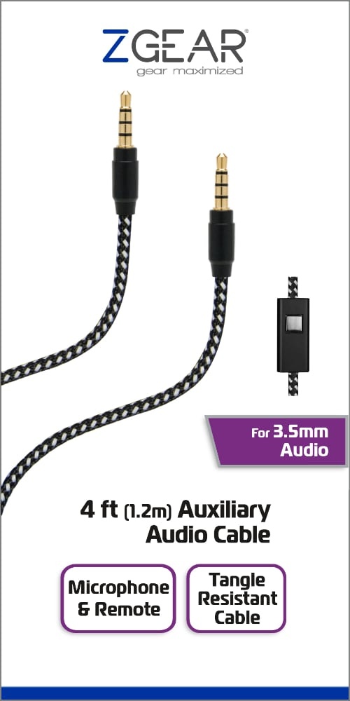 slide 1 of 1, Zgear 3.5Mm Auxiliary Audio Cable With Microphone And Remote - Black, 4 ft