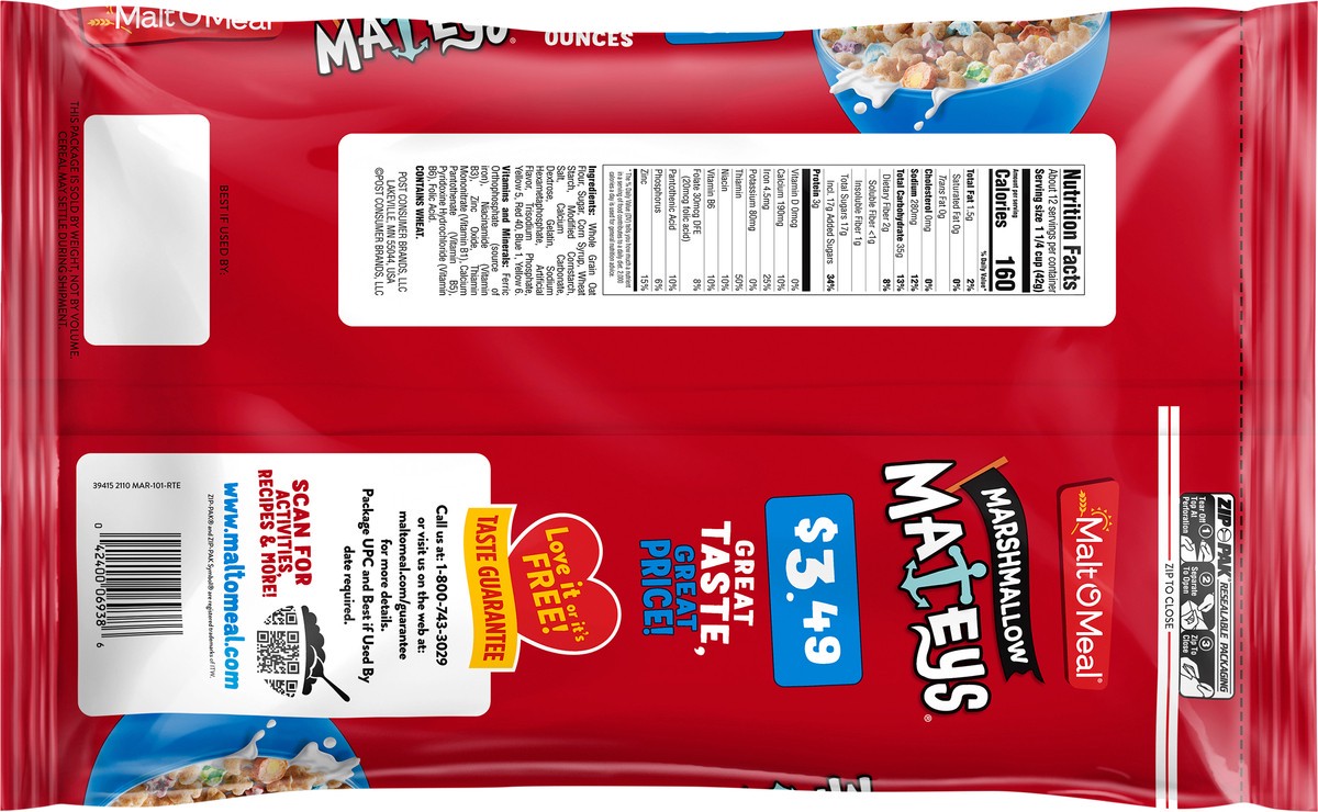 slide 3 of 7, Malt-O-Meal Marshmallow Mateys Breakfast Cereal with Marshmallow Bits, 18 OZ Bag, 18 oz