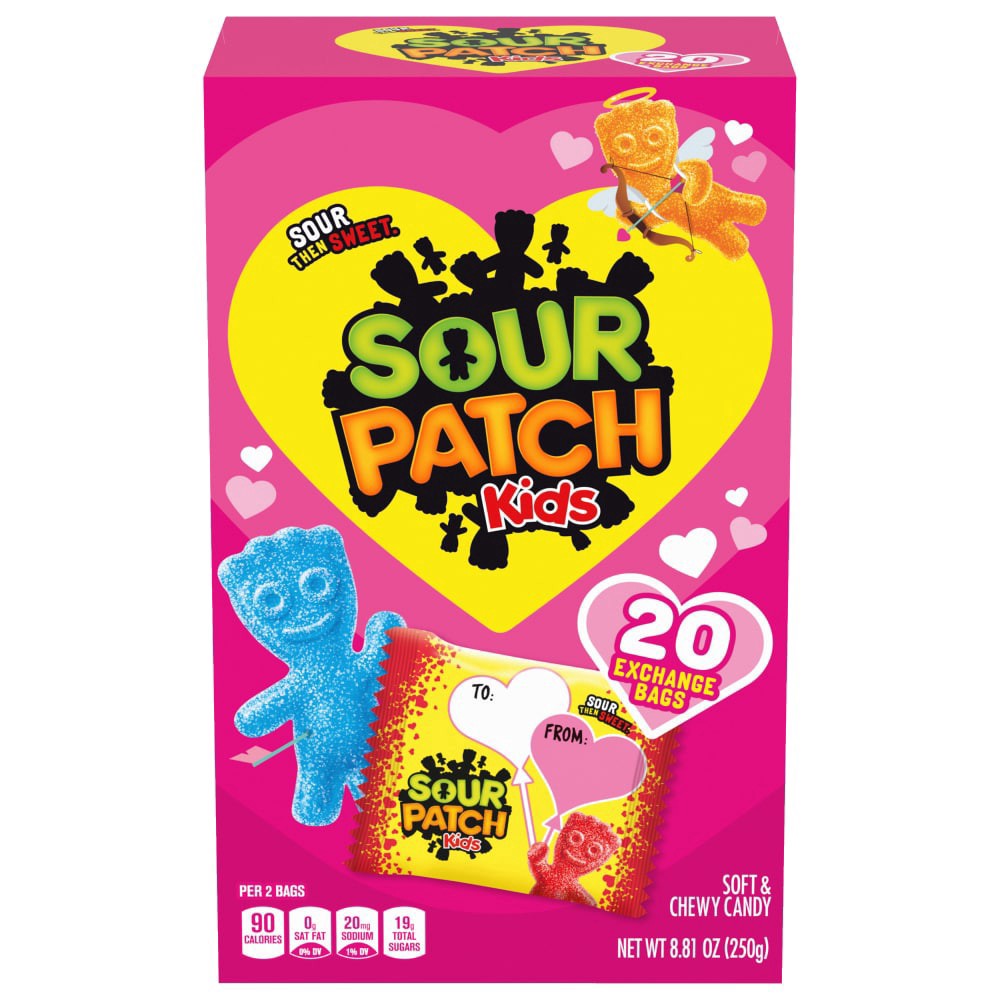 slide 1 of 3, SOUR PATCH KIDS Soft & Chewy Valentines Day Candy, 20 Snack Packs, 8.8 oz