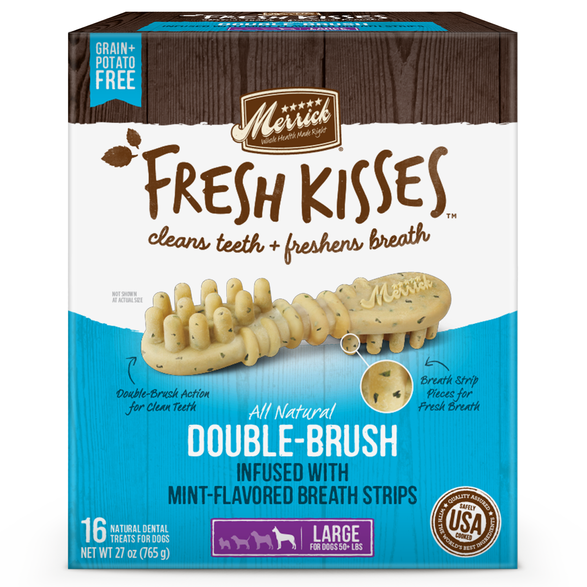 slide 1 of 5, Merrick Fresh Kisses Double-Brush Dental Dog Treats With Mint Breath Strips For Large Breeds - 27 oz Box with 16 Brushes, 27 oz