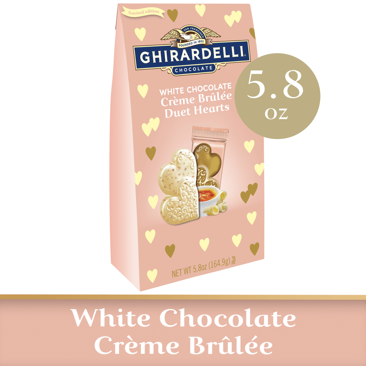 slide 1 of 4, Ghirardelli White Chocolate Crème Brulee Duet Hearts, 5.8 oz