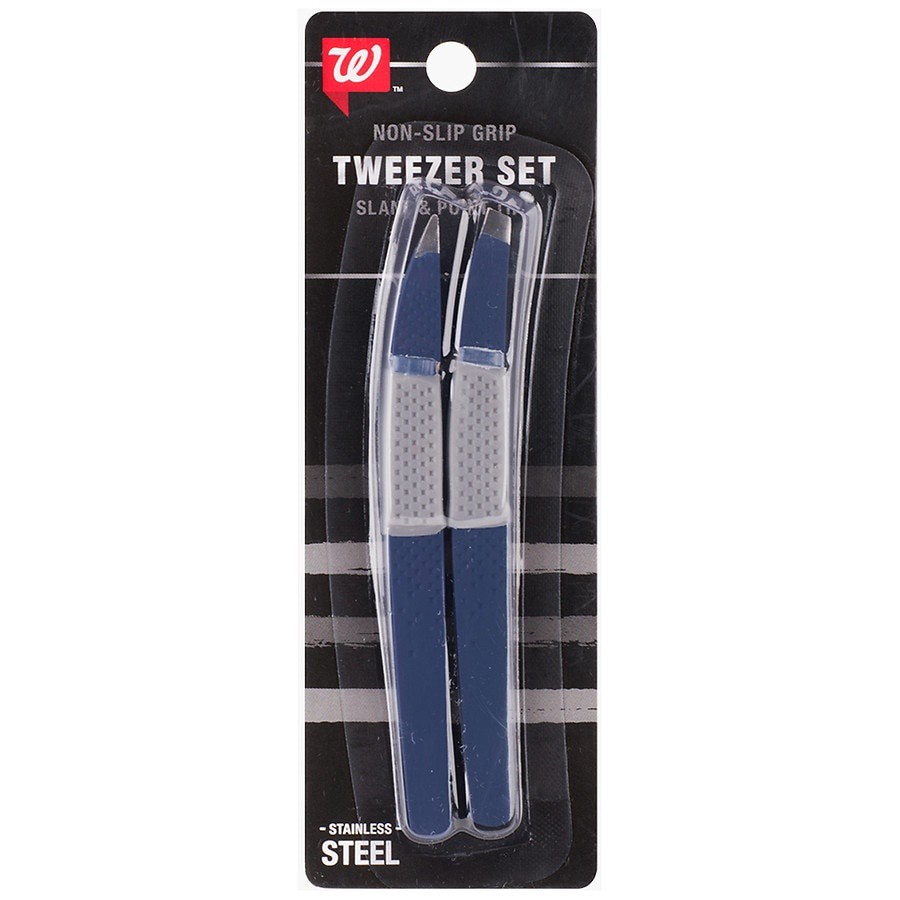 slide 1 of 1, Walgreen's Men's Non-Slip Grip Slant & Point Tip Tweezer Set, 2 ct