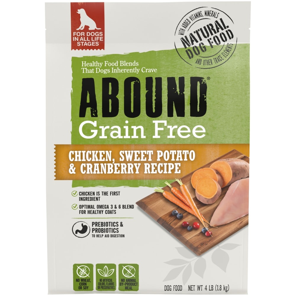 slide 1 of 1, Abound Grain Free Chicken Sweet Potato & Cranberry Recipe Dry Dog Food, 4 lb