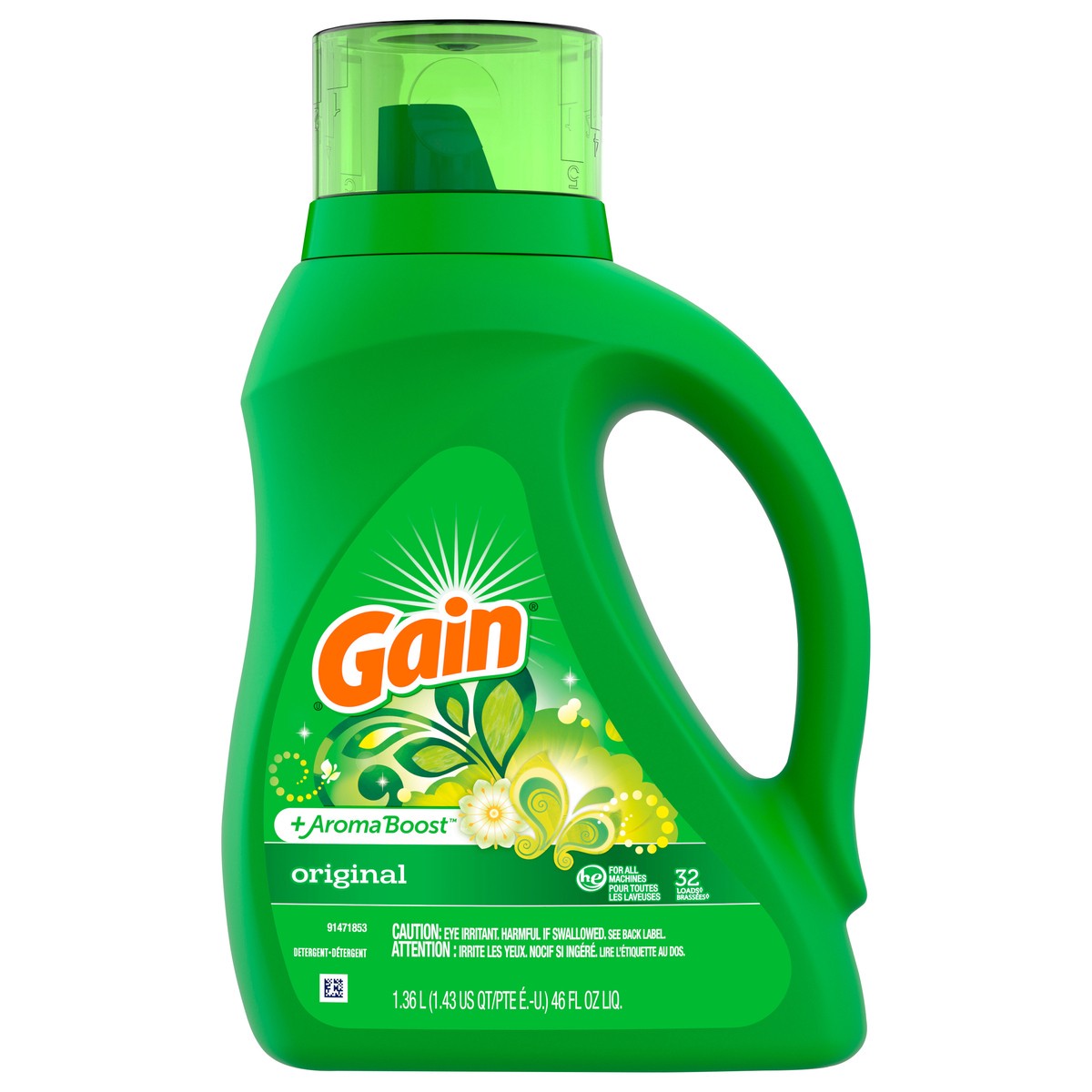 slide 6 of 7, Gain Liquid Laundry Detergent, Original Scent, 46 fl oz, 32 loads, Freshness + Odor Fighting, Laundry Detergent Liquid Soap, HE compatible, 1.43 qt