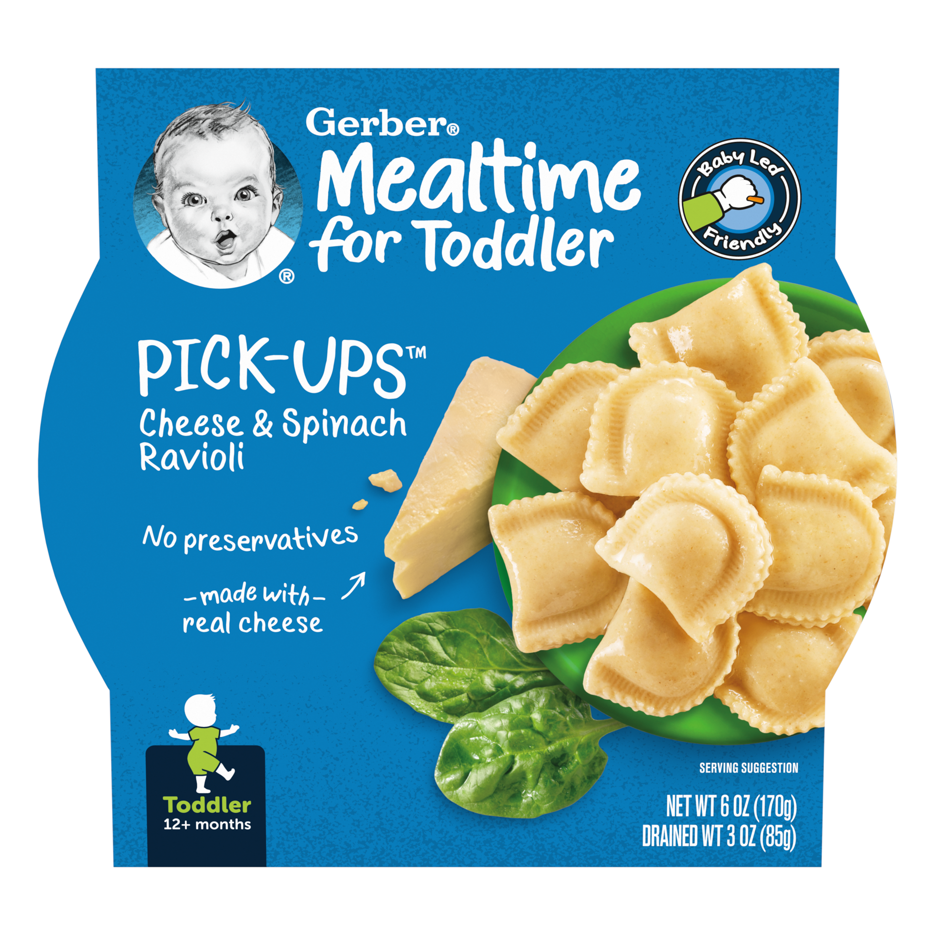 slide 1 of 13, Gerber Pick-Ups Cheese and Spinach Ravioli Toddler Meal, 6 Oz Tray, 8 ct