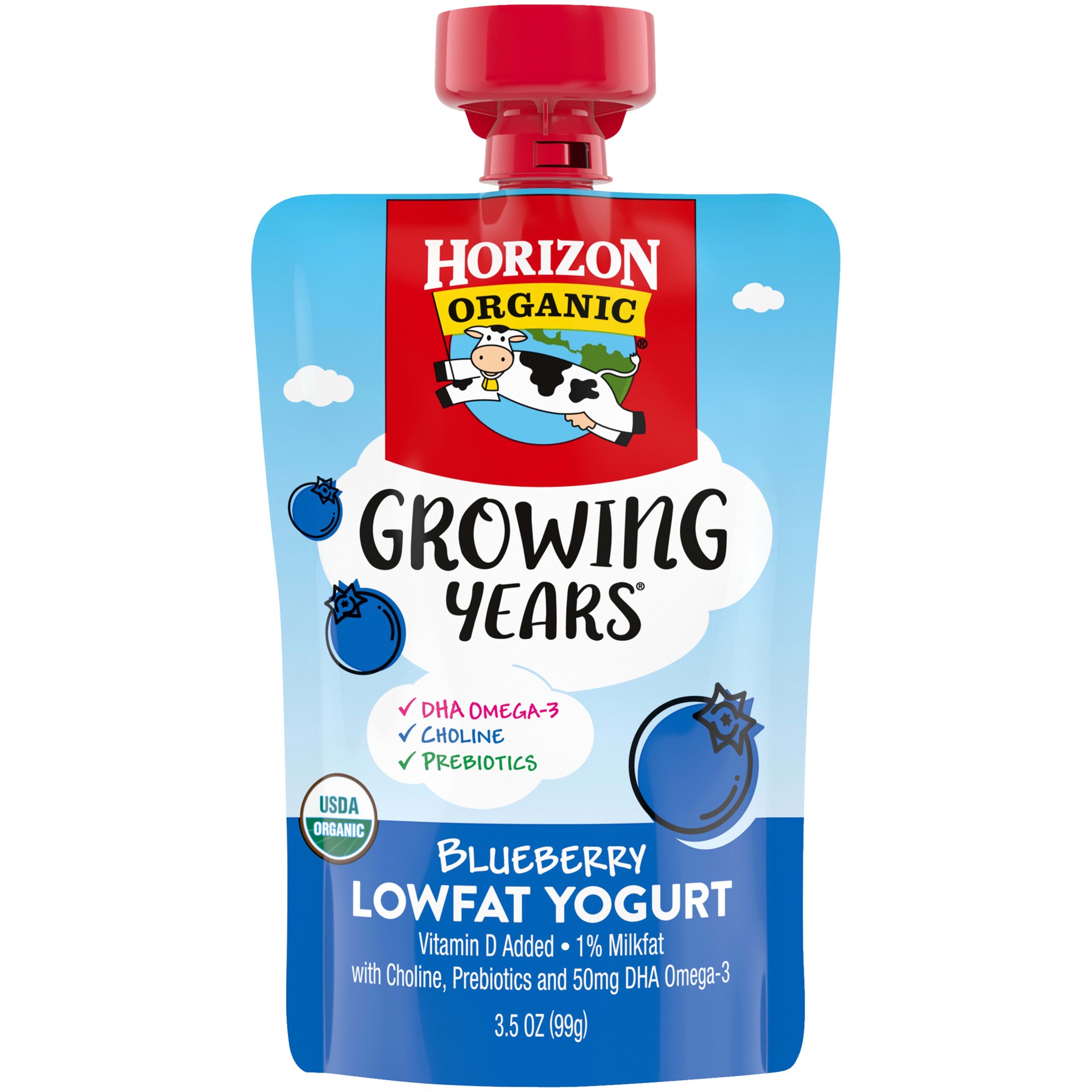 slide 8 of 10, Horizon Organic Growing Years Low Fat Yogurt Pouch with 50mg DHA Omega-3 and Choline, Blueberry, 3.5oz, 3.5 oz
