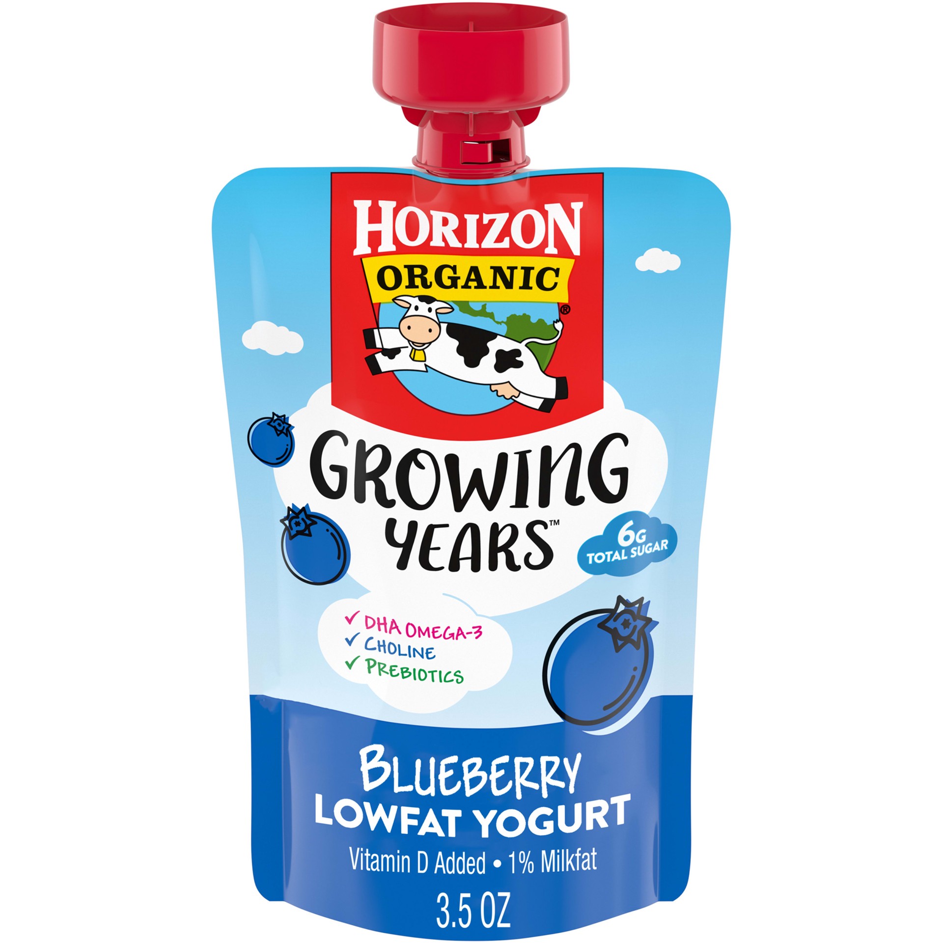 slide 1 of 10, Horizon Organic Growing Years Low Fat Yogurt Pouch, Blueberry, 3.5oz, 50mg DHA Omega-3 and Choline, 3.5 oz