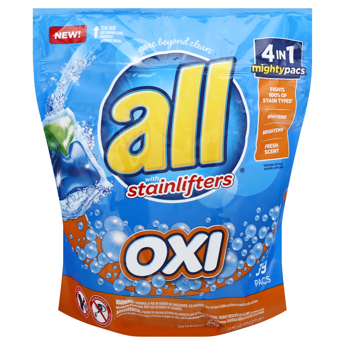 slide 9 of 11, All OXI Mighty Pacs Laundry Detergent, 4 in 1 with OXI Stain Removers and Whiteners, One Pouch, 39 Count, 39 ct