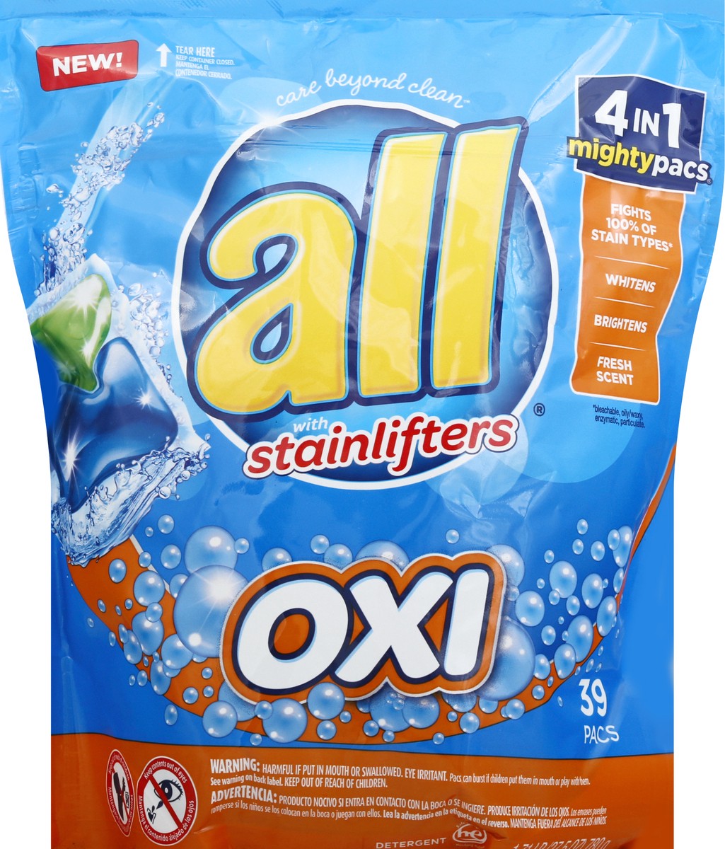 slide 11 of 11, All OXI Mighty Pacs Laundry Detergent, 4 in 1 with OXI Stain Removers and Whiteners, One Pouch, 39 Count, 39 ct