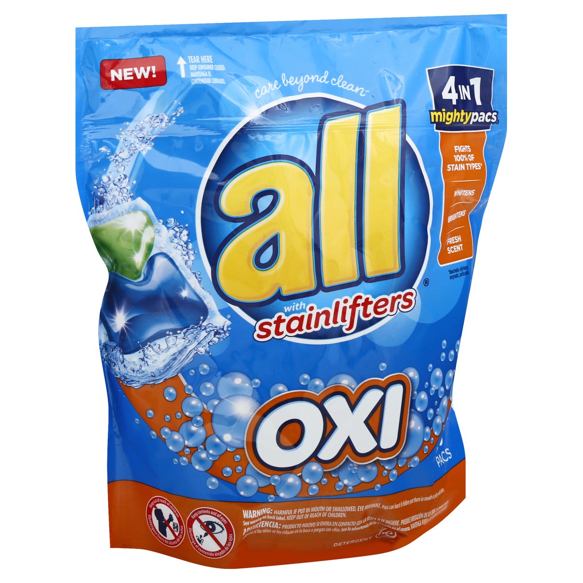 slide 2 of 11, All OXI Mighty Pacs Laundry Detergent, 4 in 1 with OXI Stain Removers and Whiteners, One Pouch, 39 Count, 39 ct