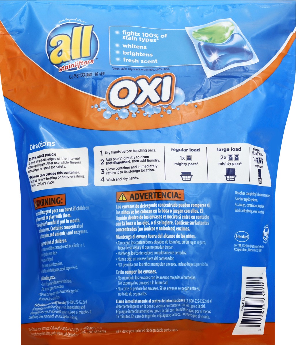 slide 5 of 11, All OXI Mighty Pacs Laundry Detergent, 4 in 1 with OXI Stain Removers and Whiteners, One Pouch, 39 Count, 39 ct