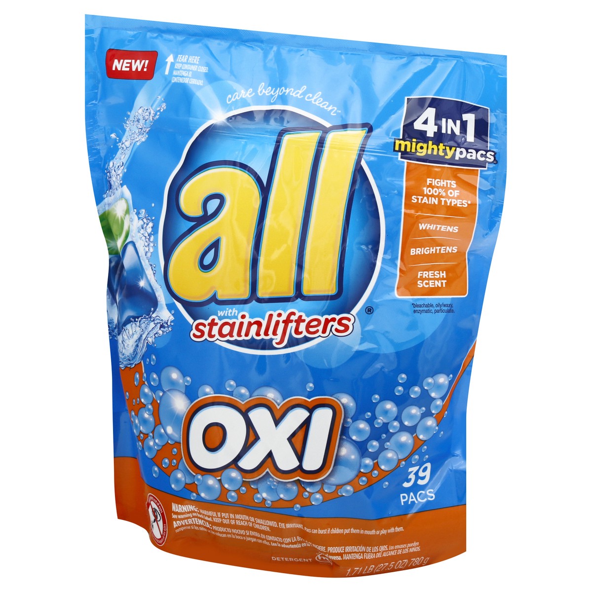 slide 6 of 11, All OXI Mighty Pacs Laundry Detergent, 4 in 1 with OXI Stain Removers and Whiteners, One Pouch, 39 Count, 39 ct