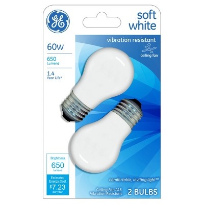 slide 1 of 1, GE 60-Watt Ceiling Fan Incandescent Light Bulb - Soft White, White Bulb, 2 ct