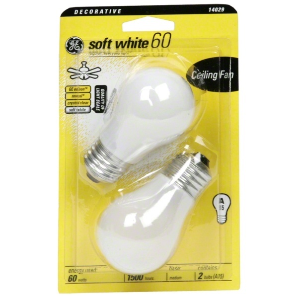 slide 1 of 1, GE 60-Watt Ceiling Fan Incandescent Light Bulb - Soft White, White Bulb, 2 ct