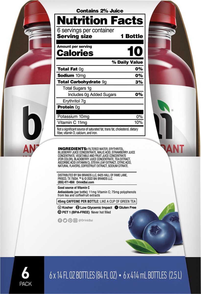 slide 5 of 7, Bai Flavored Water, Brasilia Blueberry, Antioxidant Infused Drinks Bottle, 6 ct
