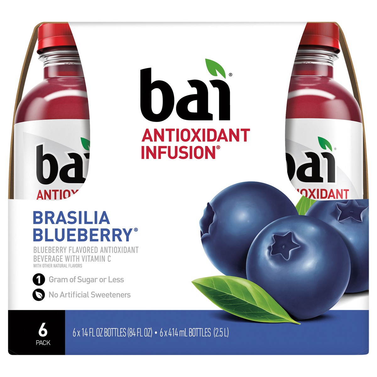 slide 1 of 7, Bai Flavored Water, Brasilia Blueberry, Antioxidant Infused Drinks Bottle, 6 ct