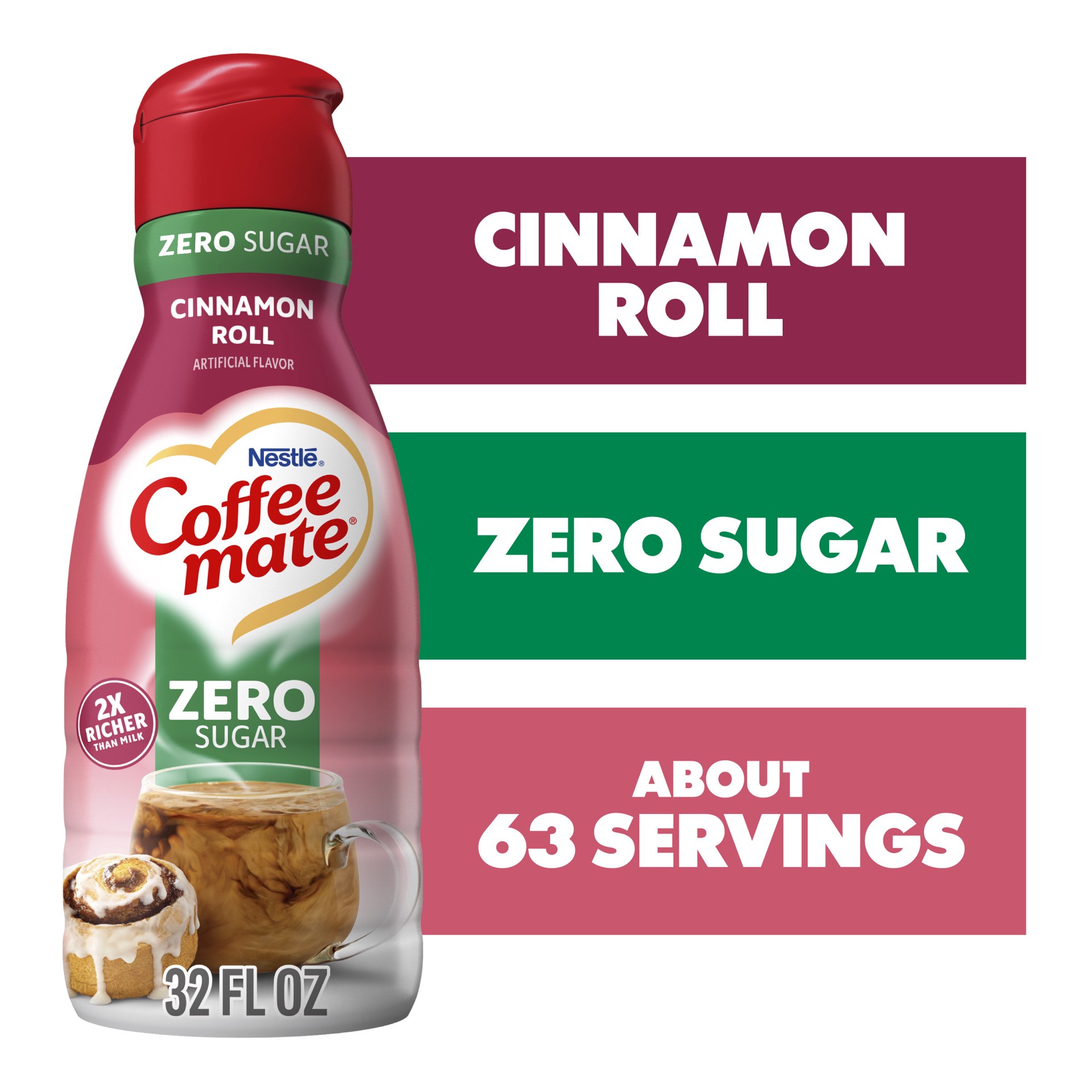 slide 1 of 7, Coffee mate Cinnamon Roll Flavored Coffee Creamer, Zero Sugar, Gluten-Free, 63 Servings, 32 oz