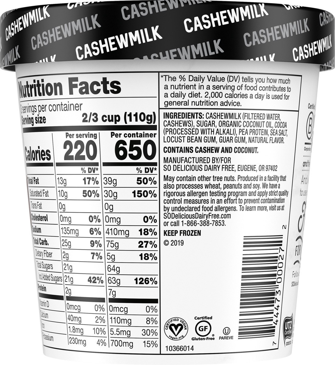 slide 11 of 11, So Delicious Dairy Free Cashew Milk Frozen Dessert, Creamy Chocolate, Vegan, Non-GMO Project Verified, 1 Pint, 16 fl oz