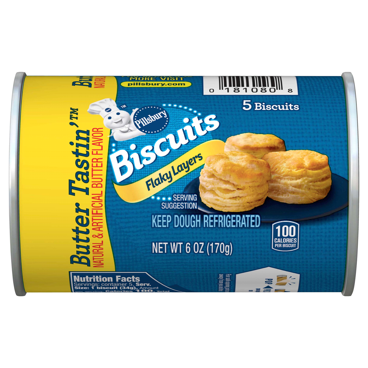 slide 1 of 2, Pillsbury Flaky Layers Butter Tastin' Canned Biscuits, 5 Ct, 6 oz, 5 ct