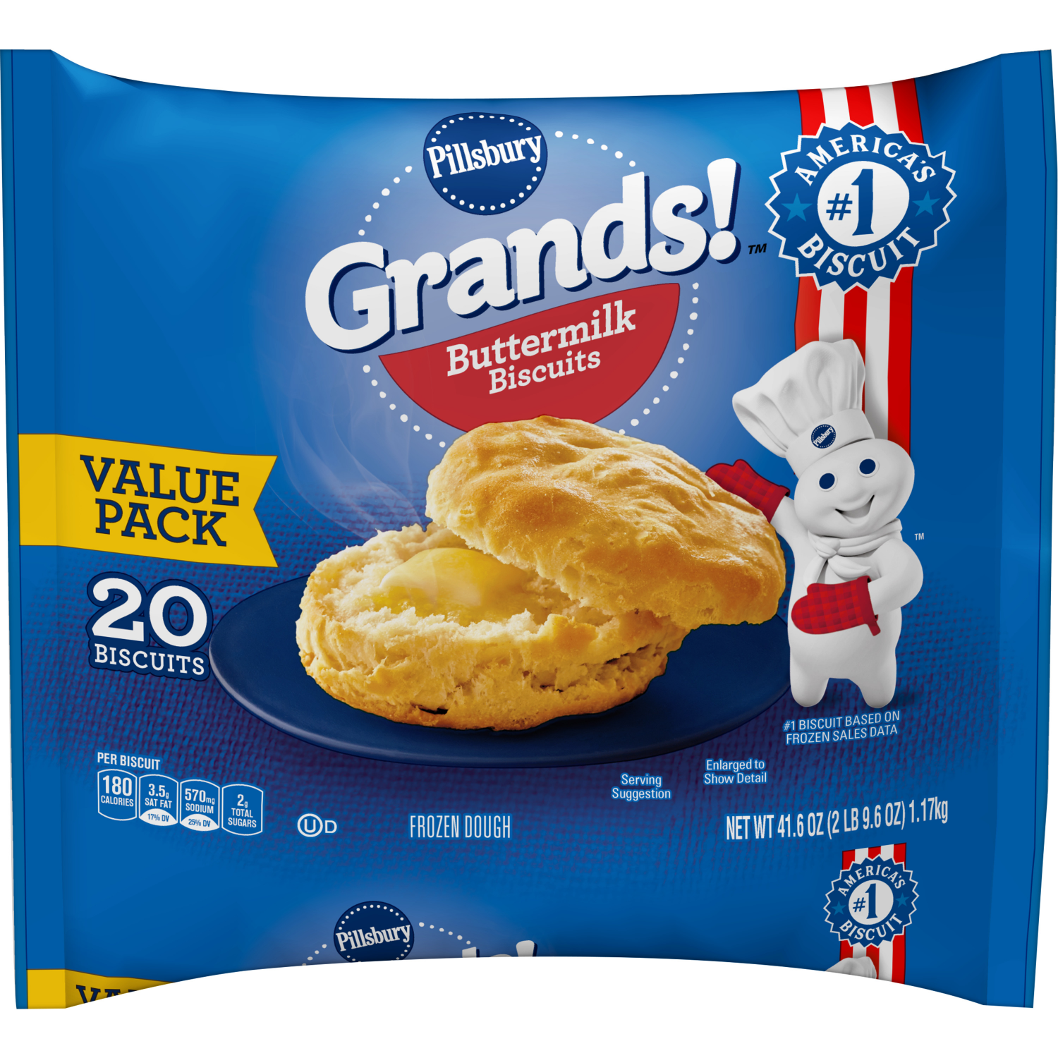 slide 1 of 5, Pillsbury Grands! Buttermilk Biscuits Frozen Dough, Value Pack, 20 ct., 41.6 oz., 20 ct / 2.08 oz, 20 ct