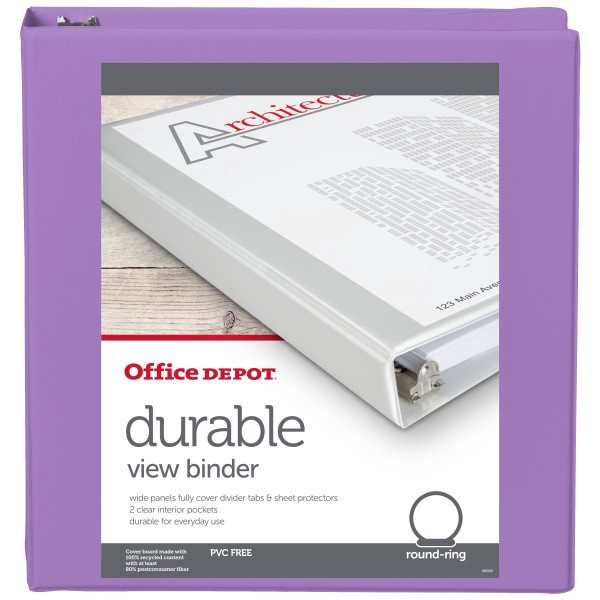 slide 5 of 5, Office Depot 3-Ring Durable View Binder, 1-1/2"" Round Rings, 49% Recycled, Purple, 1 ct