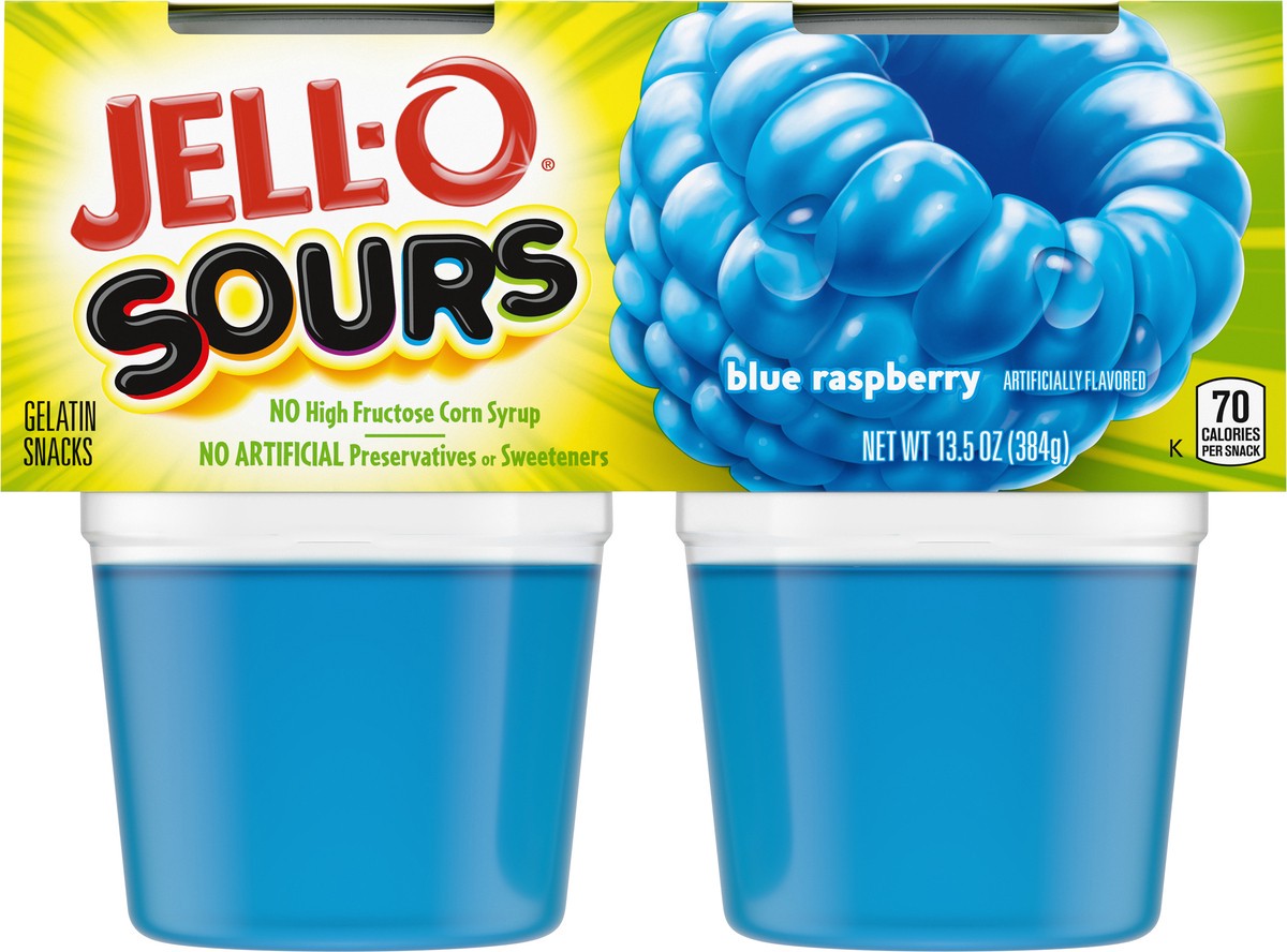 slide 2 of 9, Jell-O Sours Blue Raspberry Ready-to-Eat Jello Cups Gelatin Snack, 4 ct Cups, 4 ct