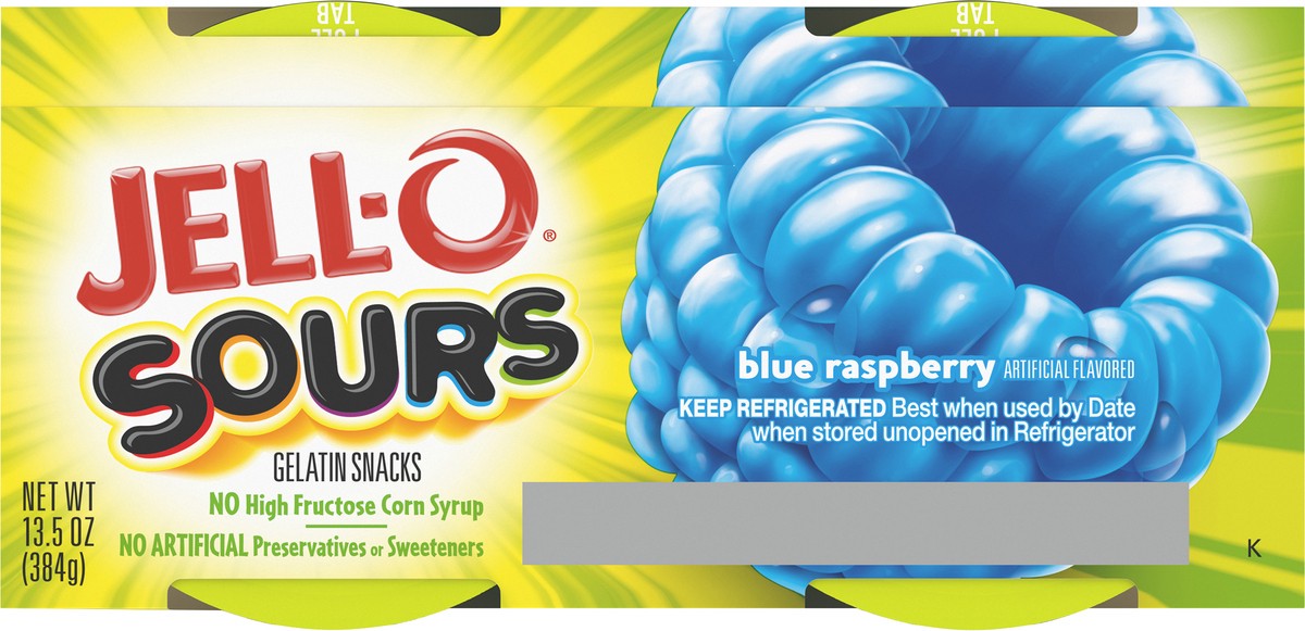 slide 3 of 9, Jell-O Sours Blue Raspberry Ready-to-Eat Jello Cups Gelatin Snack, 4 ct Cups, 4 ct