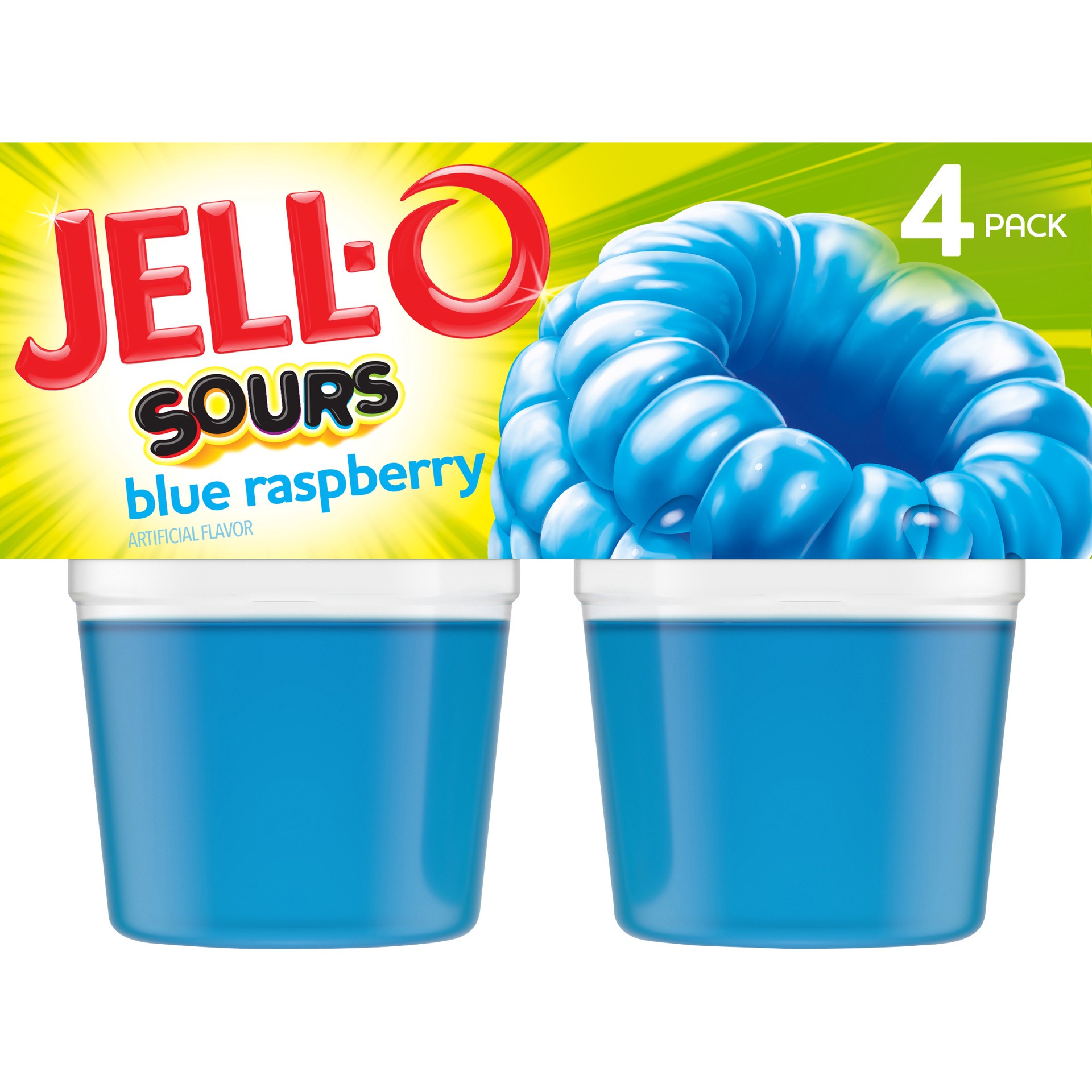 slide 1 of 9, Jell-O Sours Blue Raspberry Ready-to-Eat Jello Cups Gelatin Snack, 4 ct Cups, 4 ct