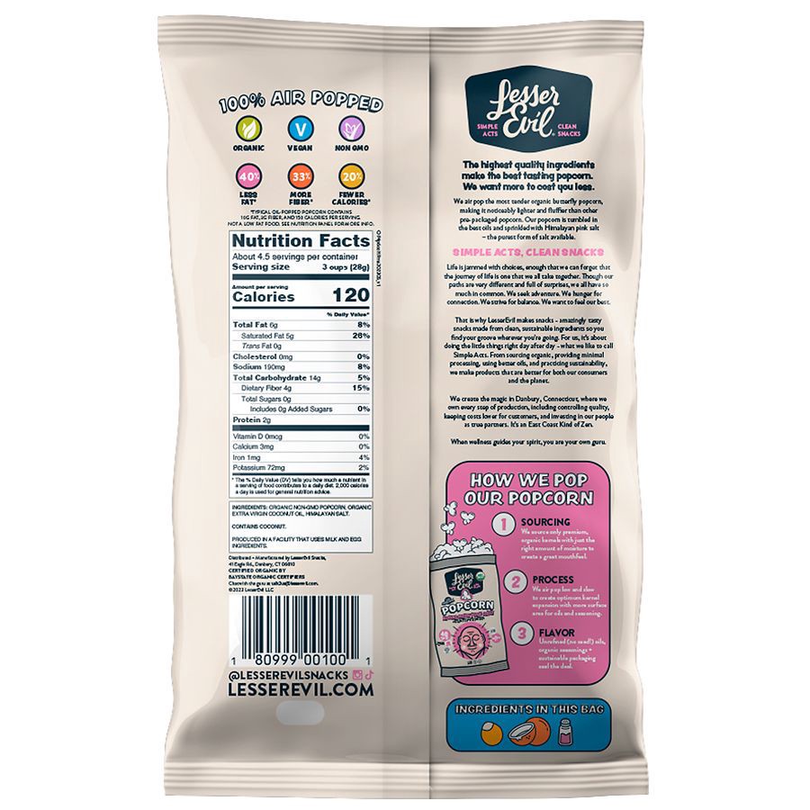 slide 2 of 3, LesserEvil Organic Himalayan Pink Salt Popcorn 4.6 oz, 4.6 oz