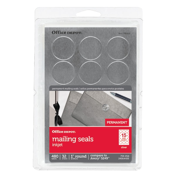 slide 1 of 2, Office Depot Brand Print-Or-Write Permanent Mailing Seals, 1'' Diameter, Silver, Pack Of 480, 480 ct